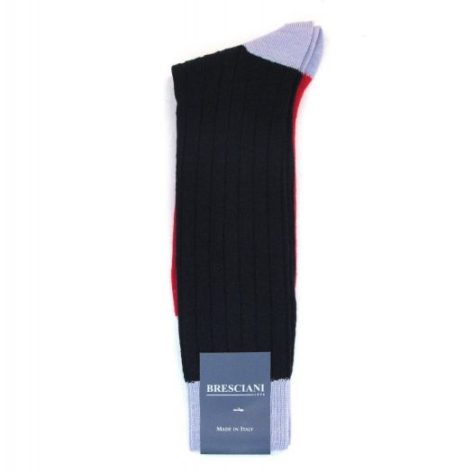 Wool mid-calf Bresciani Socks - Tri-tone - Navy Red Violet