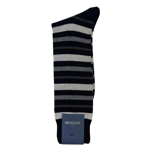 Wool Mid-calf Bresciani Socks - Zanica Stripe - Black & Grey (86361)