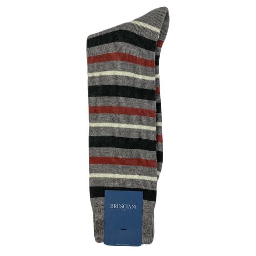 Wool Mid-calf Bresciani Socks - Zanica Stripe - Khaki, Rust & Brown (106570)