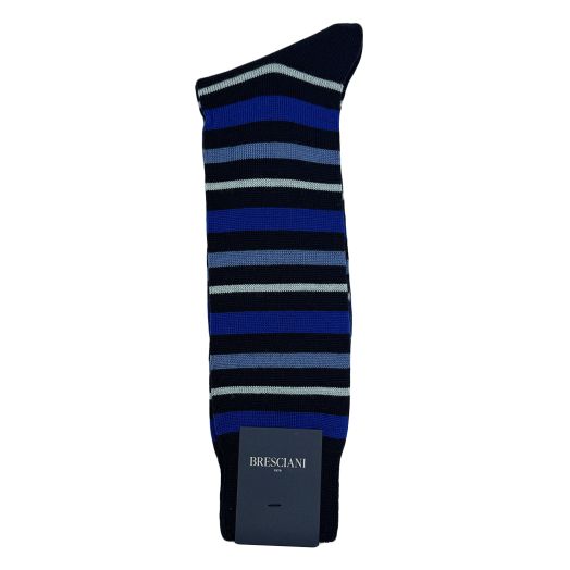 Wool Mid-calf Bresciani Socks - Zanica Stripe - Navy, Denim & Sky (114736)