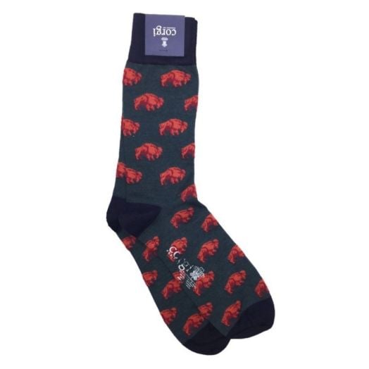 Wool mid-calf Corgi for O'Connell's Buffalo Socks - Forest & Navy with Rust Buffalos