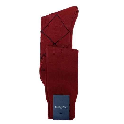 Wool Over-the-Calf Bresciani Argyle Socks - Burgundy with Navy (104751)