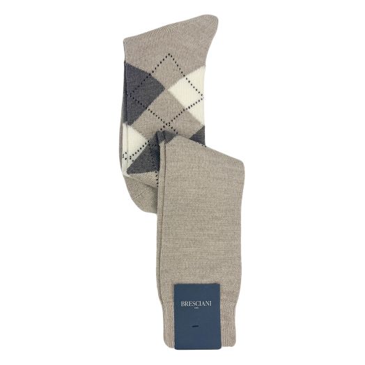 Wool Over-the-Calf Bresciani Argyle Socks - Khaki with Cream & Nutmeg (114745)