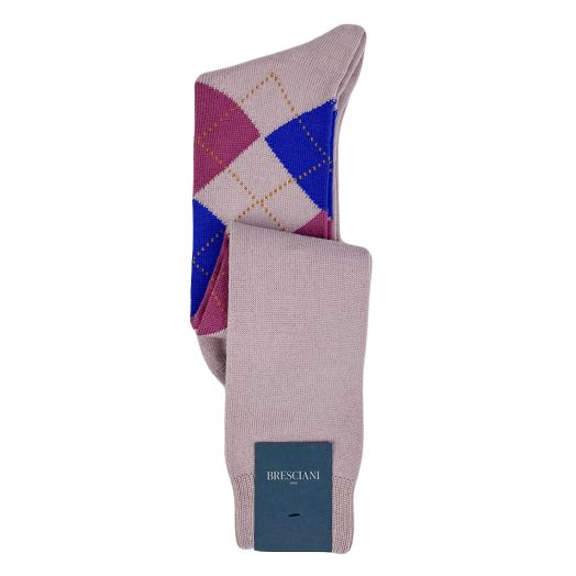 Wool Over-the-Calf Bresciani Argyle Socks - Lilac with Royal & Plum (106563)