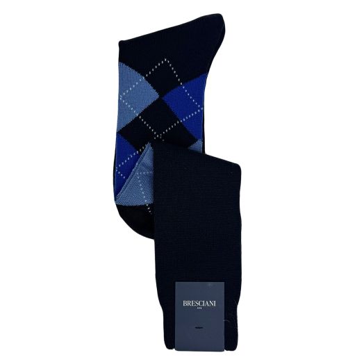 Wool Over-the-Calf Bresciani Argyle Socks - Navy with Denim & Royal (114743)