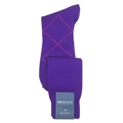 Wool over-the-calf Bresciani Argyle Socks - Purple with Fuchsia (91184)