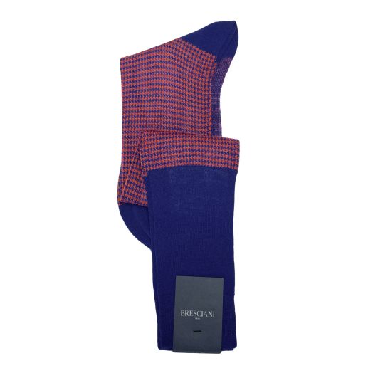Wool Over-the-Calf Bresciani Socks - Houndstooth - Royal & Orange (104769)