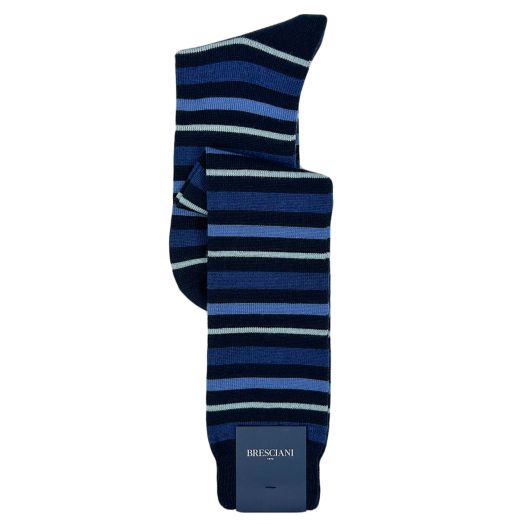 Wool Over-the-calf Bresciani Socks - Zanica Stripe - Navy with Blue & Sky (110947)