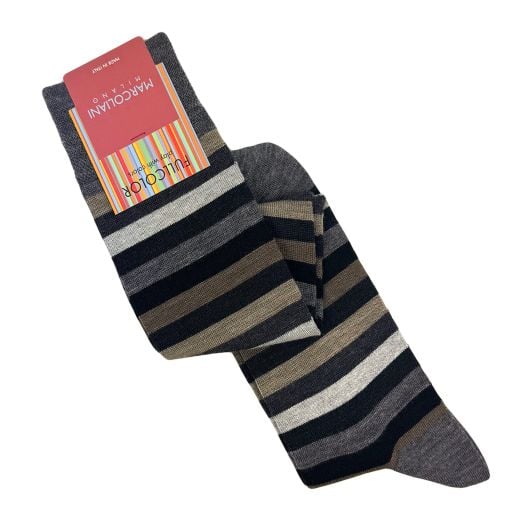 Wool Over-the-Calf Marcoliani Socks - Rainbow Stripe - Charcoal Brown Mix (116779)