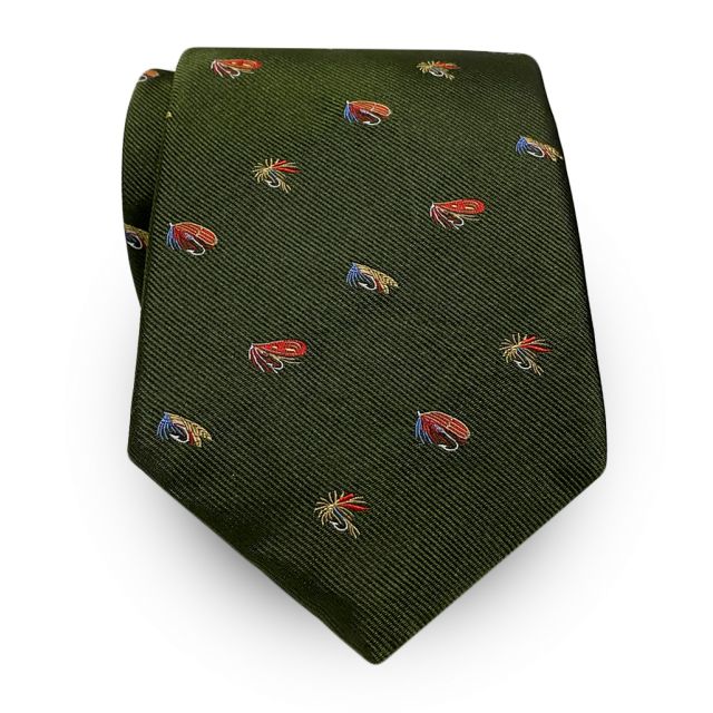 Atkinsons Silk Club Tie - Fishing Flies on Olive (39003)
