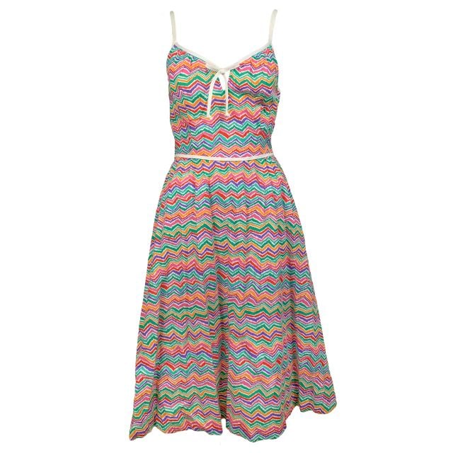 California Poppy by Lanz - Vintage Sleeveless Sundress - Multicolored Zig-Zag (7309)