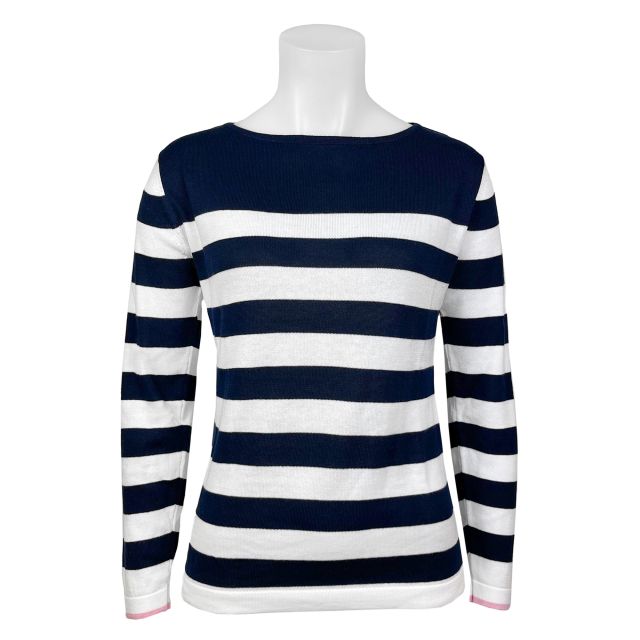 O'Connell's Women's Pima Cotton Boatneck Top - Stripe - Navy & White with Pink Cuffs (3909)