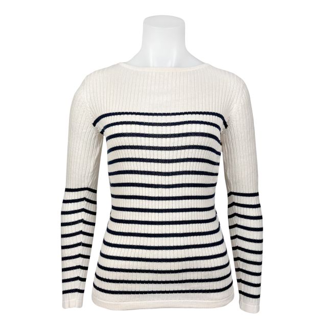 O'Connell's Women's Pima Cotton Ribbed Boatneck Top - Stripe - Cream & Navy (3868)