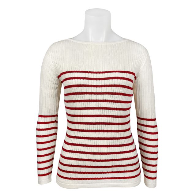 O'Connell's Women's Pima Cotton Ribbed Boatneck Top - Stripe - Cream & Red (3868)
