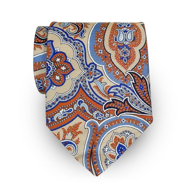 Robert Jensen Silk Crepe Print Necktie - Large Paisley Tan Rust & Navy (117198)