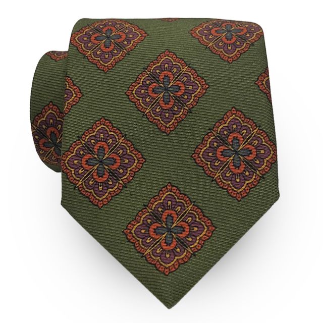 Robert Jenson 50 ounce Silk Ancient Madder Necktie - Diamond Medallion - Olive (105205)