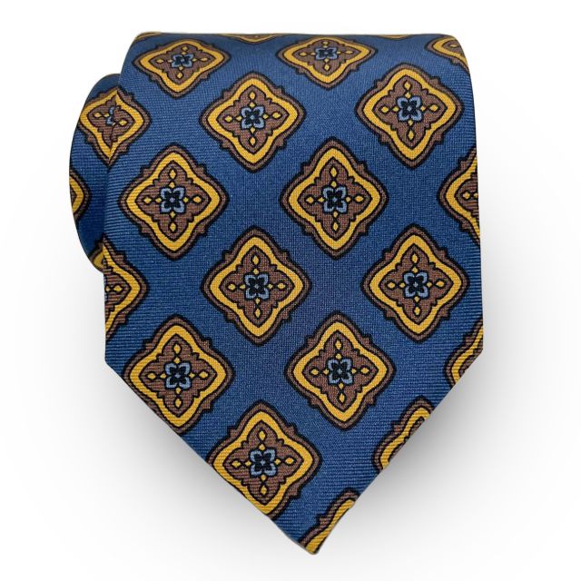Seaward & Stearn English Printed Silk Tie - Large Diamond - Blue with Brown & Gold (105020)