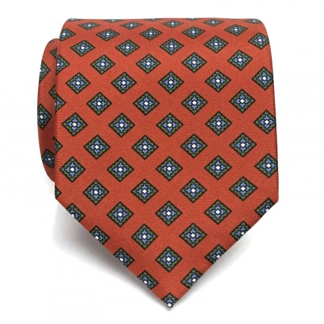 Seaward & Stearn English Printed Silk Tie - Tossed Diamonds - Rust, Olive & Blue (91624)