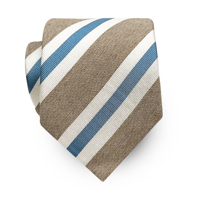 Seaward & Stearn English Silk & Linen Tie - Taupe with White & Blue (110869)