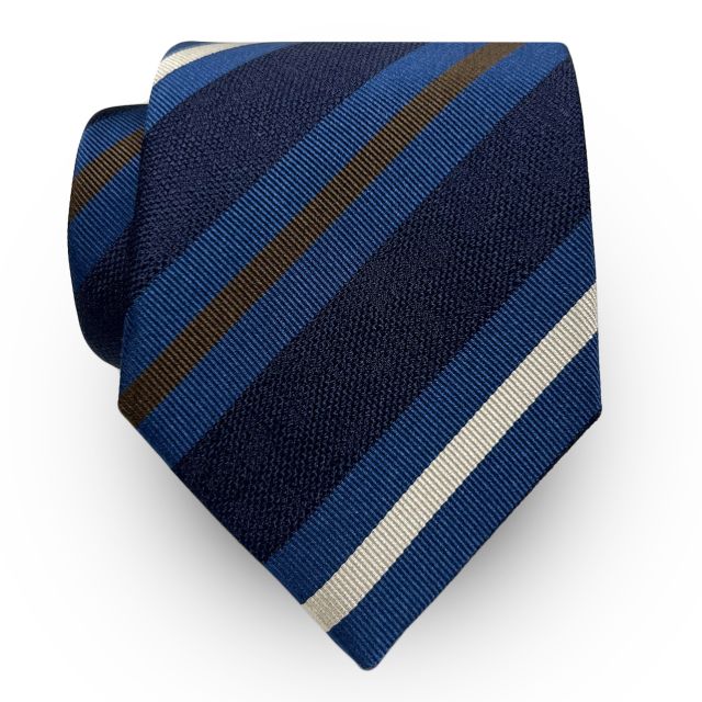 Seaward & Stearn English Woven Tussah Silk Tie - Stripe - Navy with Cobalt, Brown & White (104878)