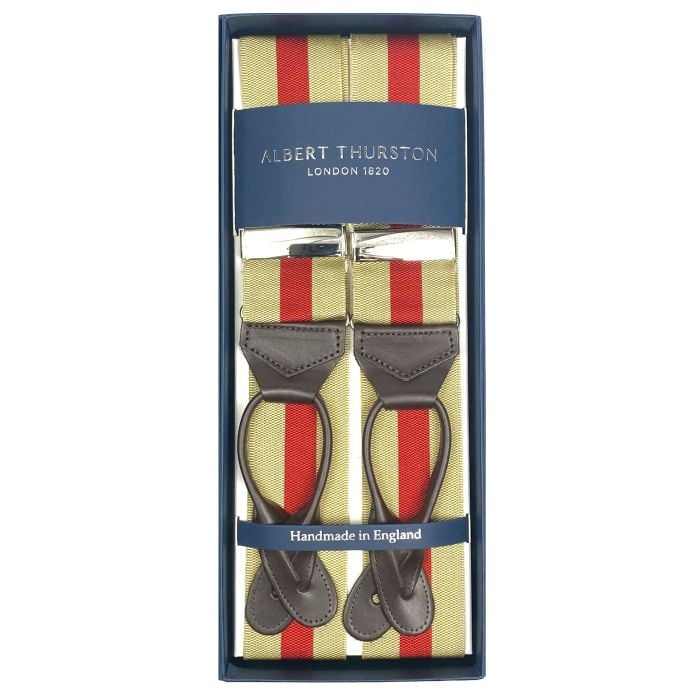 Albert Thurston Wide Stripe Braces - Tan & Red - Men's Clothing,  Traditional Natural shouldered clothing, preppy apparel
