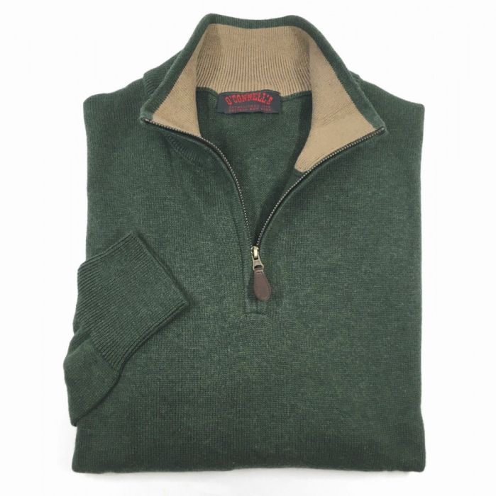 O'Connell's Cotton Knit Zip Mock Sweater - Dark Green - Men's Clothing,  Traditional Natural shouldered clothing, preppy apparel