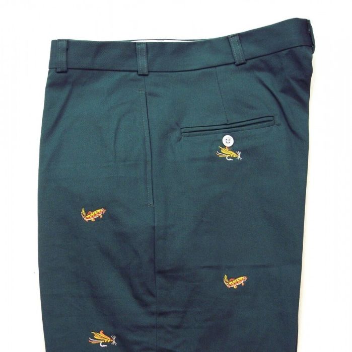 O'Connell's Embroidered Cotton Twill Trousers - Trout & Flies on Dark Green  - Men's Clothing, Traditional Natural shouldered clothing, preppy apparel