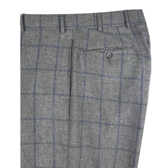 O'Connell's Lambswool & Cashmere Flannel Trousers - Grey with Blue  Windowpane