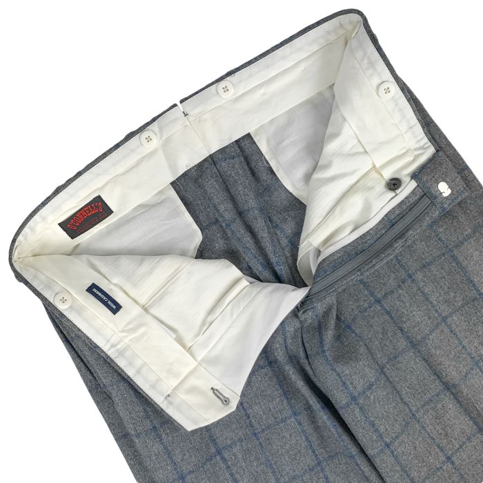O'Connell's Lambswool & Cashmere Flannel Trousers - Grey with Blue  Windowpane