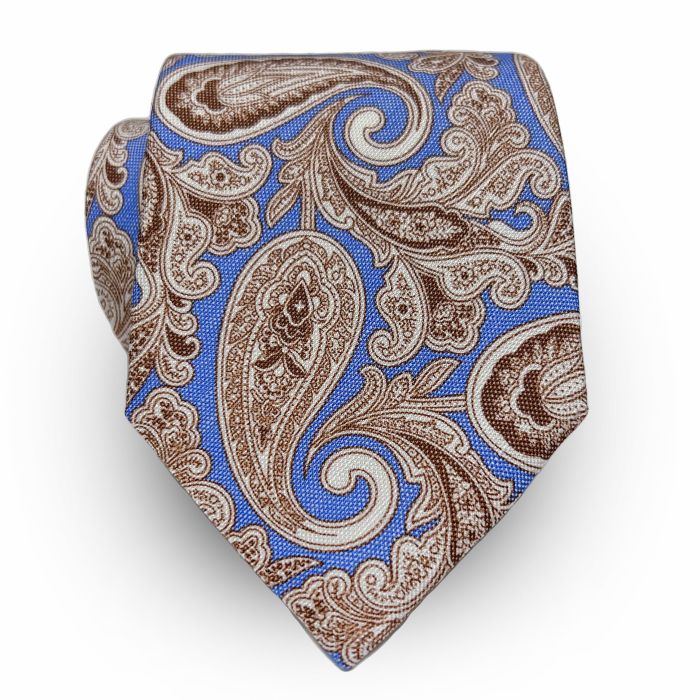 Seaward & Stearn English Printed Silk & Linen Tie - Paisley - Sky, Brown,  White (107278)
