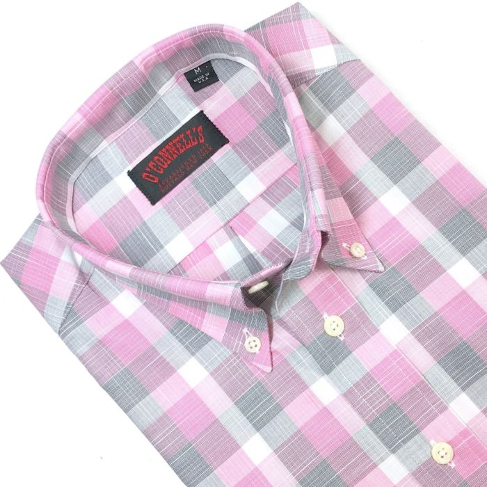 Short Sleeve Sport Shirt - Pink Grey Grid Check
